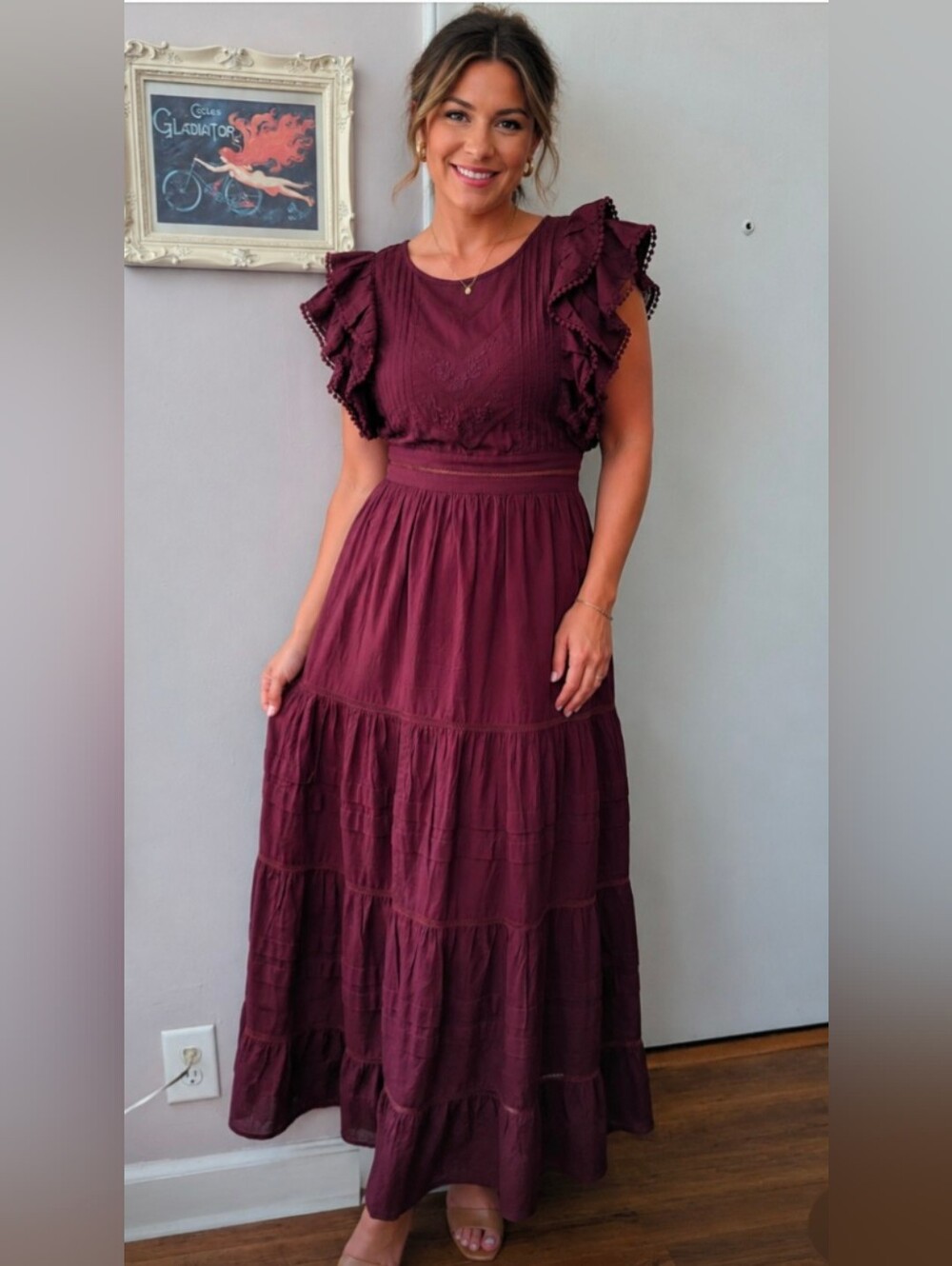 Women's Ruffle Maxi Dress by Jen's Pirate Booty size Small Sundress Burgundy